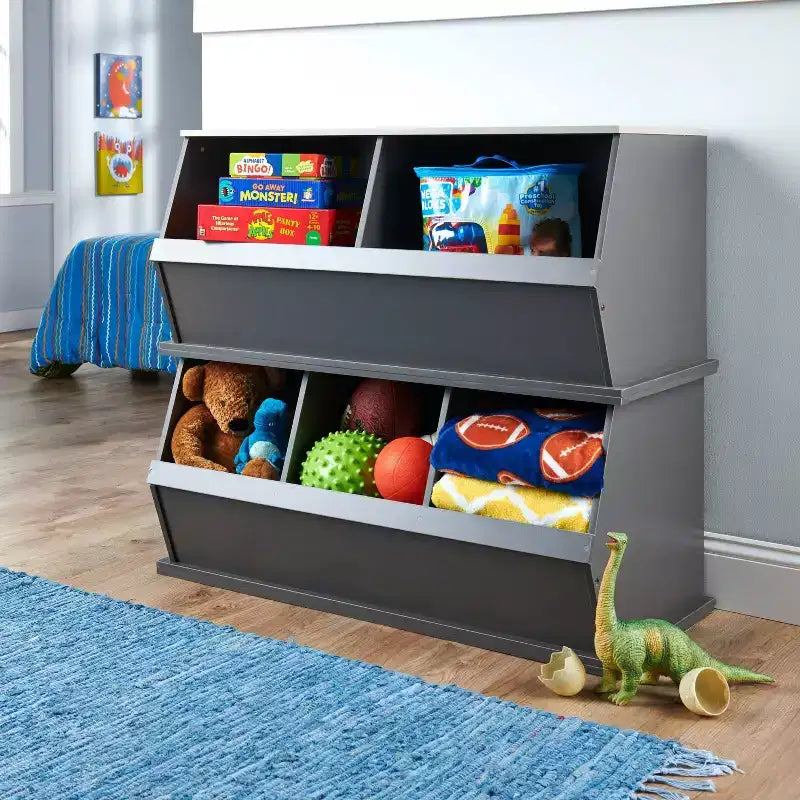 Cubo portaoggetti impilabile a 3 scomparti, venatura del legno carbone/grigio: Scaffale portaoggetti per giocattoli in MDF, retro chiuso, capacità 36 kg