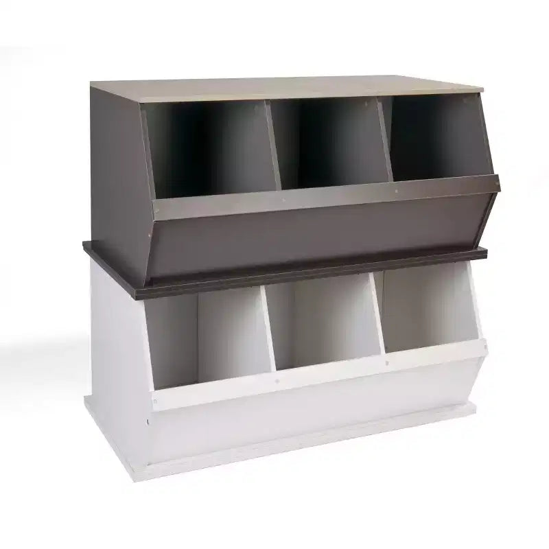 Cubo portaoggetti impilabile a 3 scomparti, venatura del legno carbone/grigio: Scaffale portaoggetti per giocattoli in MDF, retro chiuso, capacità 36 kg
