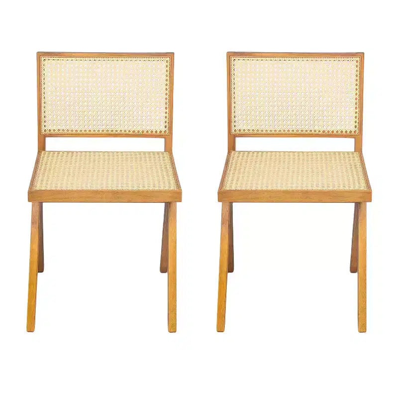 Sedia da pranzo senza braccioli Sepp in legno di Rubberwood e canna con gambe a V, confezione da 2 pezzi