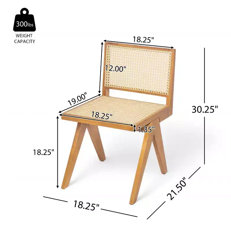 Sedia da pranzo senza braccioli Sepp in legno di Rubberwood e canna con gambe a V, confezione da 2 pezzi