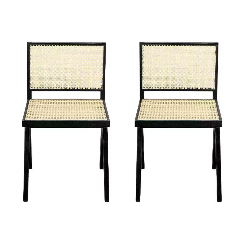 Sedia da pranzo senza braccioli Sepp in legno di Rubberwood e canna con gambe a V, confezione da 2 pezzi