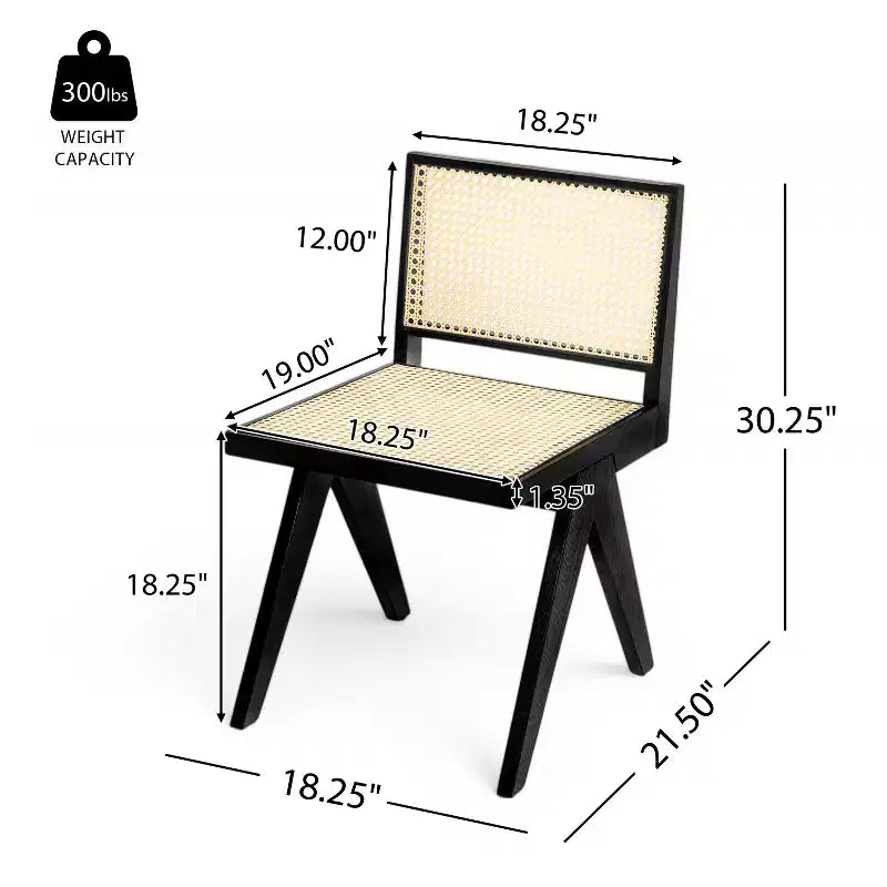 Sedia da pranzo senza braccioli Sepp in legno di Rubberwood e canna con gambe a V, confezione da 2 pezzi