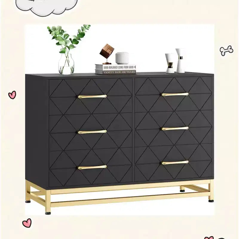 Comò Elegante Nero a 6 Cassetti con Maniglie Dorate - Dispositivo Antiribaltamento Perfetto per un Contenimento Sicuro e Spazioso