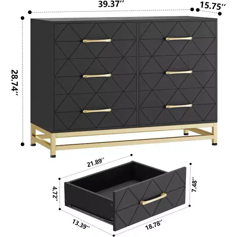 Comò Elegante Nero a 6 Cassetti con Maniglie Dorate - Dispositivo Antiribaltamento Perfetto per un Contenimento Sicuro e Spazioso