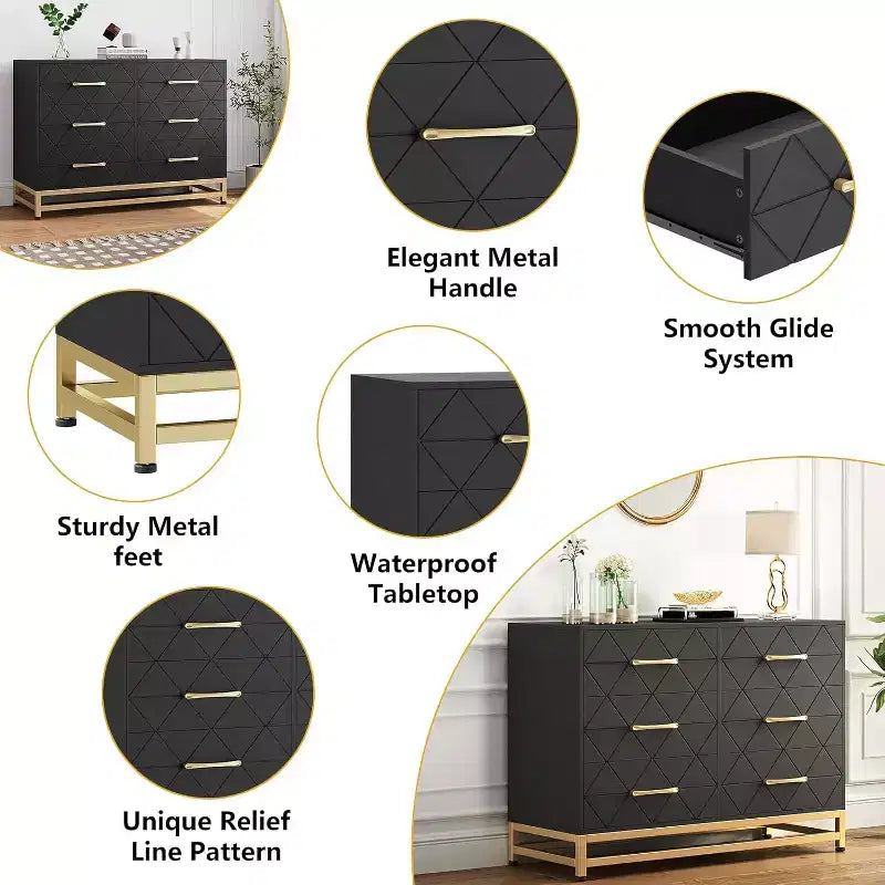 Comò Elegante Nero a 6 Cassetti con Maniglie Dorate - Dispositivo Antiribaltamento Perfetto per un Contenimento Sicuro e Spazioso