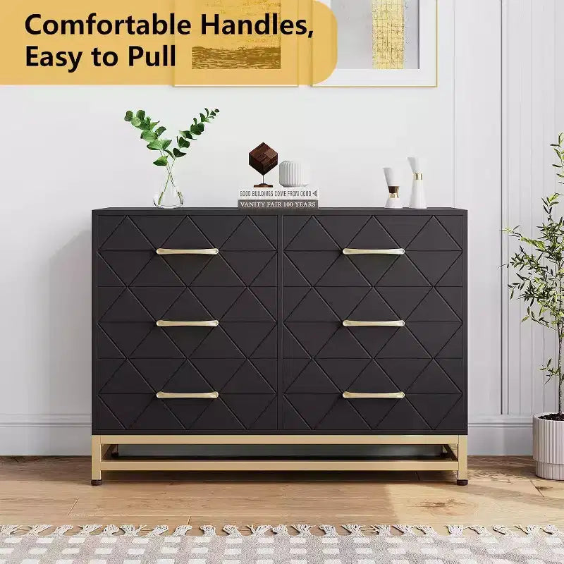 Comò Elegante Nero a 6 Cassetti con Maniglie Dorate - Dispositivo Antiribaltamento Perfetto per un Contenimento Sicuro e Spazioso