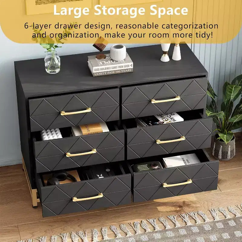 Comò Elegante Nero a 6 Cassetti con Maniglie Dorate - Dispositivo Antiribaltamento Perfetto per un Contenimento Sicuro e Spazioso