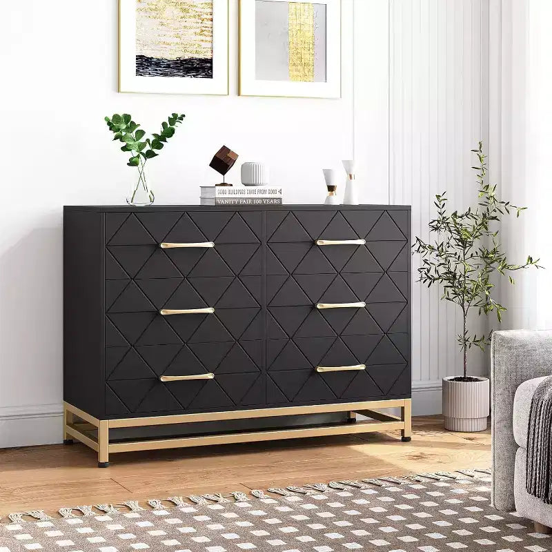 Comò Elegante Nero a 6 Cassetti con Maniglie Dorate - Dispositivo Antiribaltamento Perfetto per un Contenimento Sicuro e Spazioso