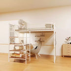 Letto a soppalco full-size con ringhiera di sicurezza, letto a castello con scrivania, scale e scaffali portaoggetti, letto singolo per bambini e adulti