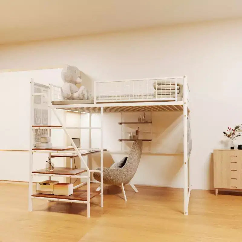 Letto a soppalco full-size con ringhiera di sicurezza, letto a castello con scrivania, scale e scaffali portaoggetti, letto singolo per bambini e adulti