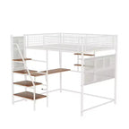Letto a soppalco full-size con ringhiera di sicurezza, letto a castello con scrivania, scale e scaffali portaoggetti, letto singolo per bambini e adulti