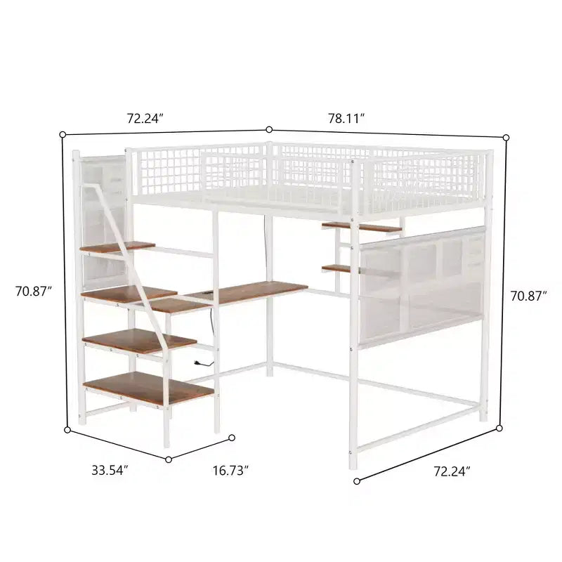 Letto a soppalco full-size con ringhiera di sicurezza, letto a castello con scrivania, scale e scaffali portaoggetti, letto singolo per bambini e adulti