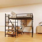 Letto a soppalco full-size con ringhiera di sicurezza, letto a castello con scrivania, scale e scaffali portaoggetti, letto singolo per bambini e adulti