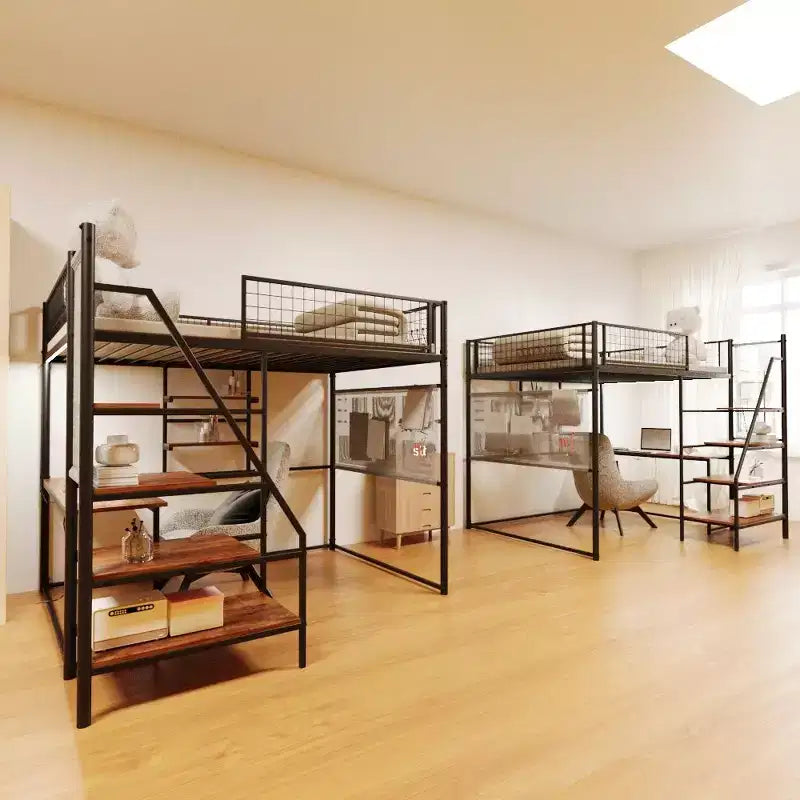 Letto a soppalco full-size con ringhiera di sicurezza, letto a castello con scrivania, scale e scaffali portaoggetti, letto singolo per bambini e adulti