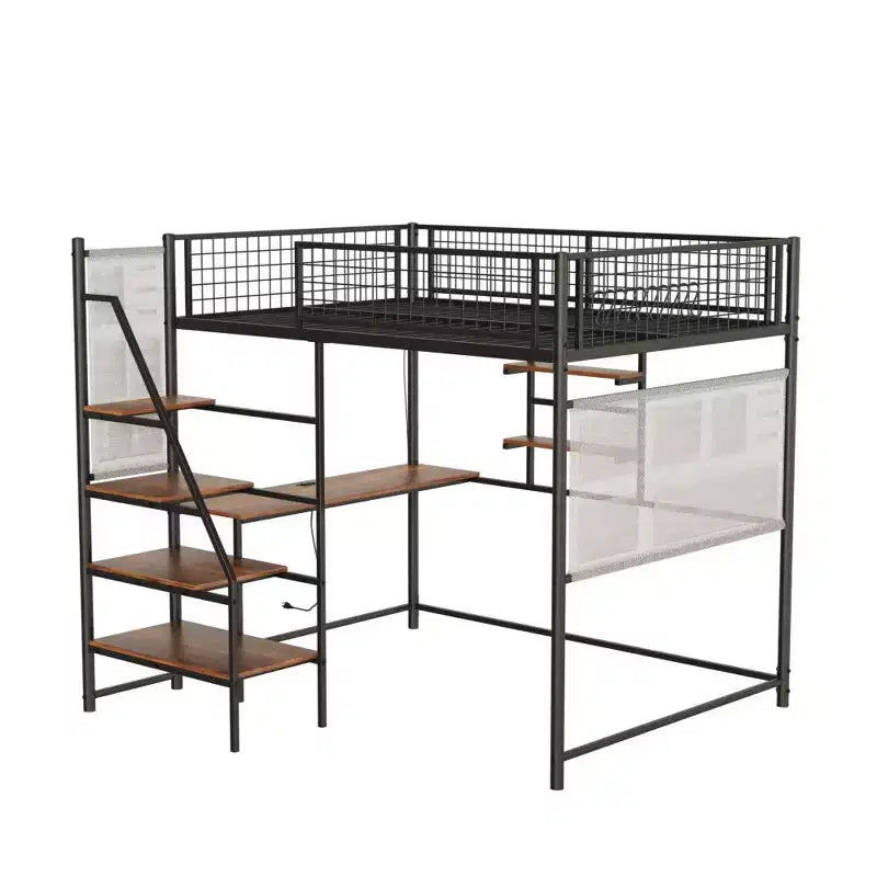 Letto a soppalco full-size con ringhiera di sicurezza, letto a castello con scrivania, scale e scaffali portaoggetti, letto singolo per bambini e adulti