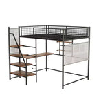 Letto a soppalco full-size con ringhiera di sicurezza, letto a castello con scrivania, scale e scaffali portaoggetti, letto singolo per bambini e adulti