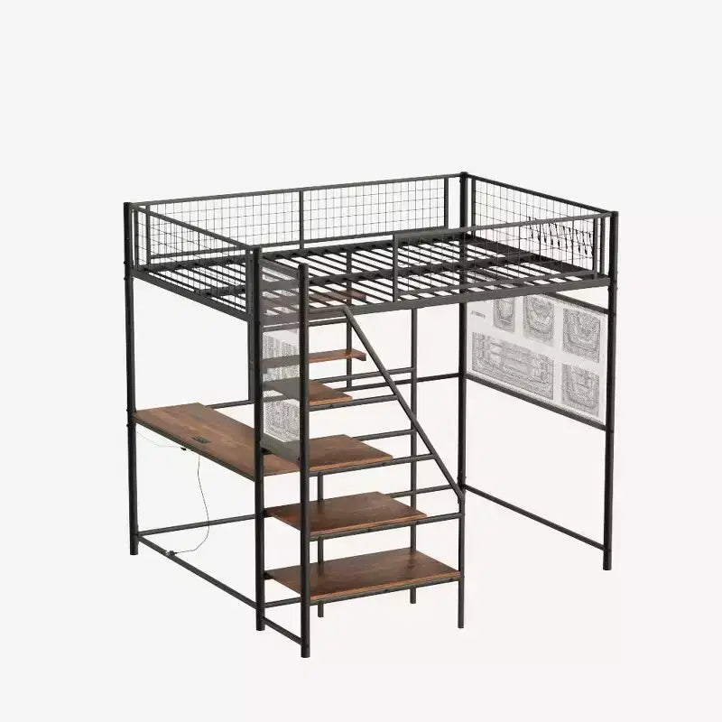 Letto a soppalco full-size con ringhiera di sicurezza, letto a castello con scrivania, scale e scaffali portaoggetti, letto singolo per bambini e adulti