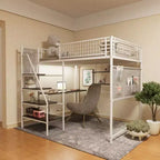 Letto a soppalco full-size con ringhiera di sicurezza, letto a castello con scrivania, scale e scaffali portaoggetti, letto singolo per bambini e adulti