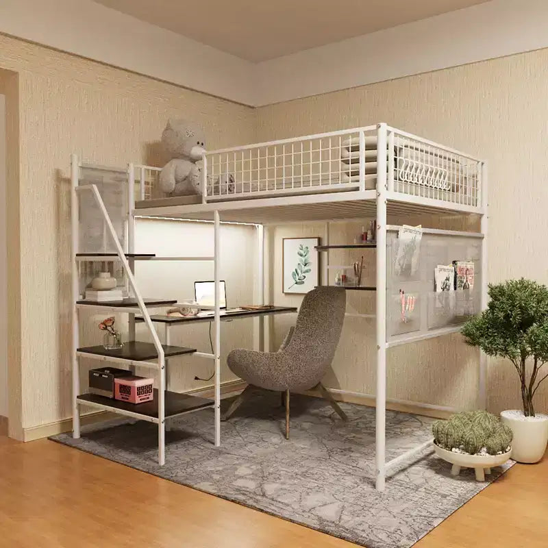 Letto a soppalco full-size con ringhiera di sicurezza, letto a castello con scrivania, scale e scaffali portaoggetti, letto singolo per bambini e adulti