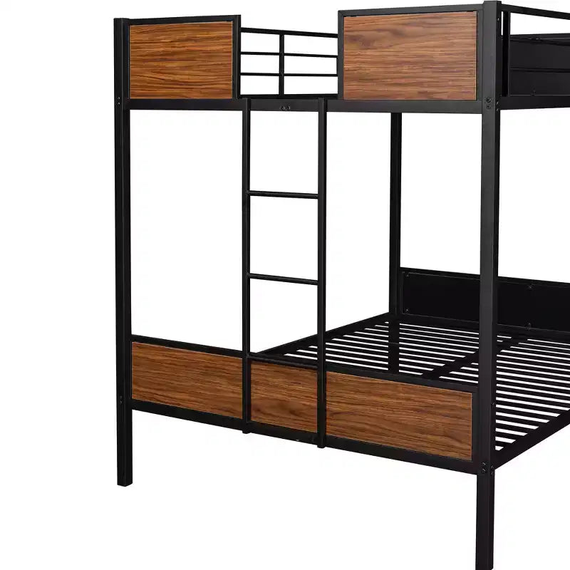 Letto a castello in metallo Full-Over-Full con venature del legno, struttura a castello in metallo con sponda di sicurezza per bambini e adulti, marrone