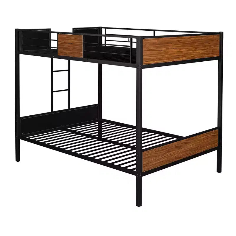 Letto a castello in metallo Full-Over-Full con venature del legno, struttura a castello in metallo con sponda di sicurezza per bambini e adulti, marrone