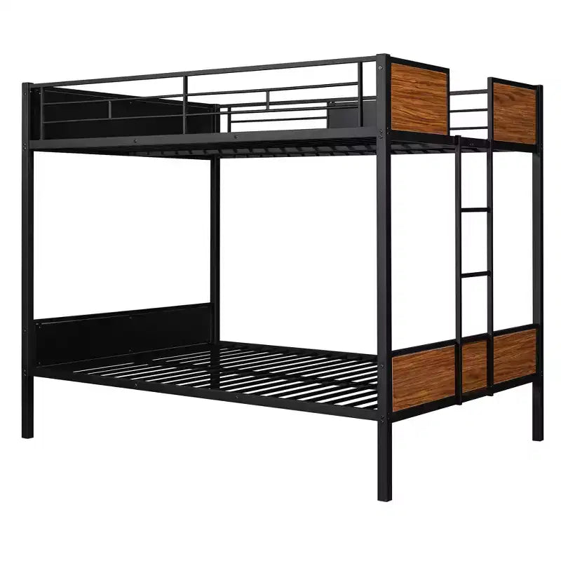 Letto a castello in metallo Full-Over-Full con venature del legno, struttura a castello in metallo con sponda di sicurezza per bambini e adulti, marrone