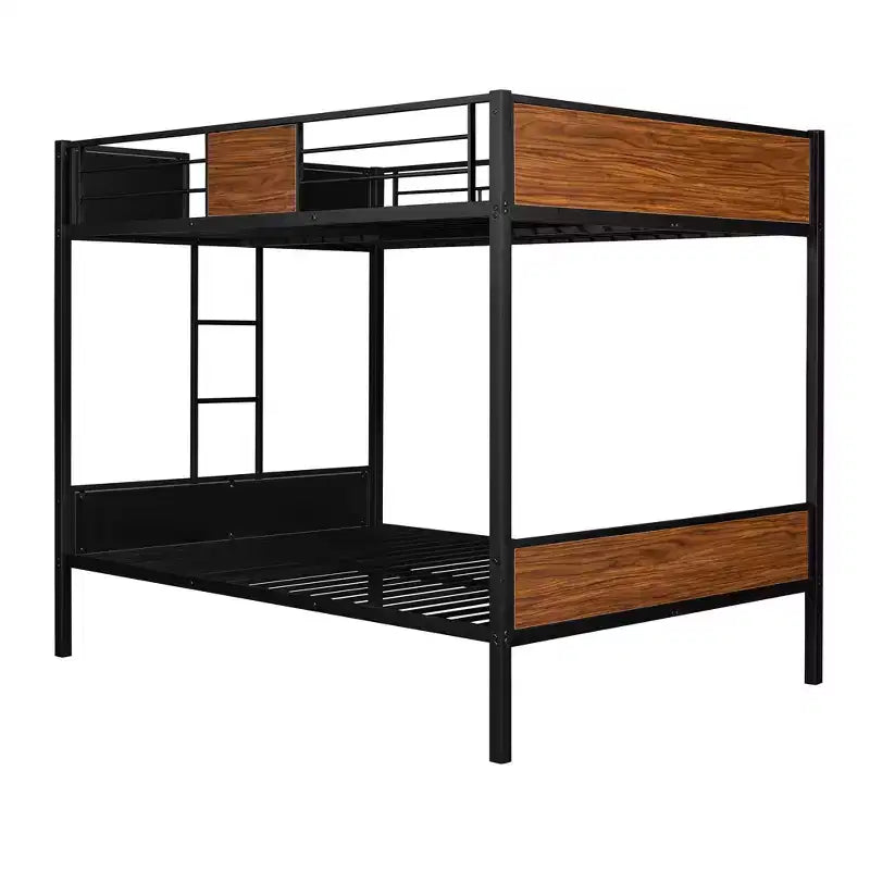 Letto a castello in metallo Full-Over-Full con venature del legno, struttura a castello in metallo con sponda di sicurezza per bambini e adulti, marrone