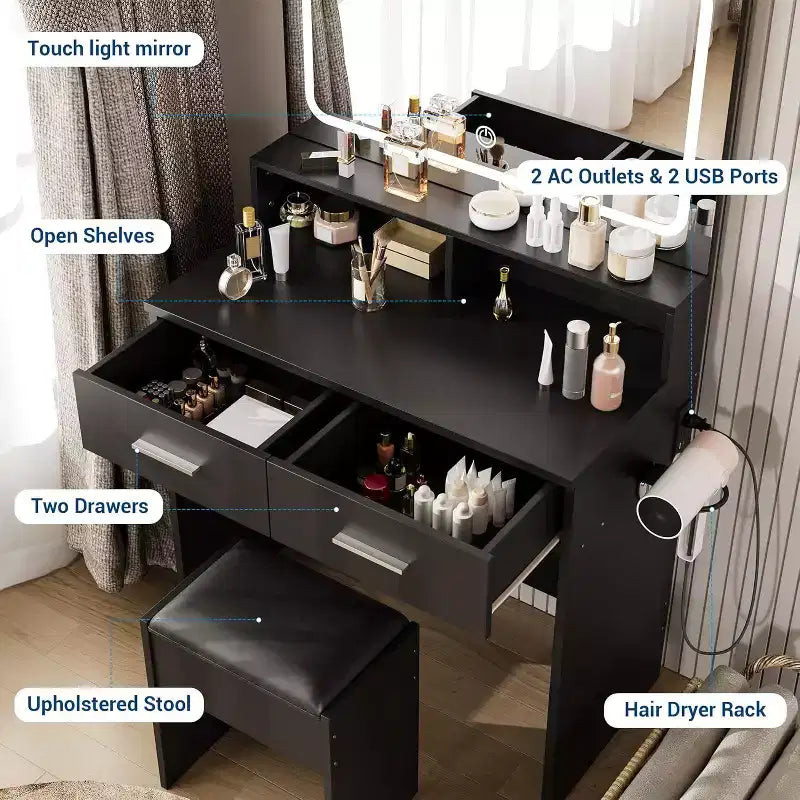 Toeletta Moderna con Specchio LED Regolabile a 3 Colori, Scrivania Trucco con Presa di Corrente e 2 Cassetti, Tavolo da Trucco e Sgabello per Camera da Letto