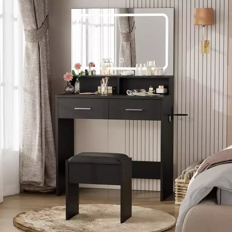 Toeletta Moderna con Specchio LED Regolabile a 3 Colori, Scrivania Trucco con Presa di Corrente e 2 Cassetti, Tavolo da Trucco e Sgabello per Camera da Letto