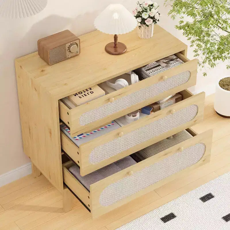 Cassettiera a 3 cassetti in Rattan, Comò Moderno in Legno con design Anti-ribaltamento, Organizer Comò da Camera da Letto 2 pz con 2 scatole di spedizione