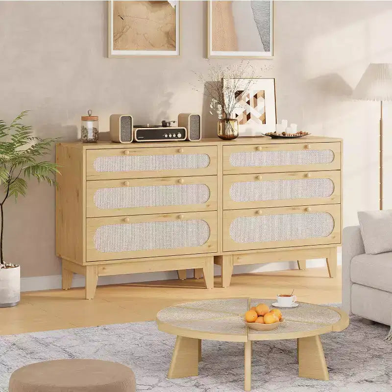 Cassettiera a 3 cassetti in Rattan, Comò Moderno in Legno con design Anti-ribaltamento, Organizer Comò da Camera da Letto 2 pz con 2 scatole di spedizione