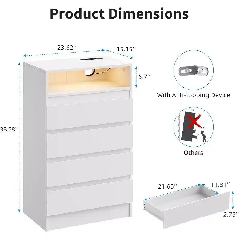 Cassettiera moderna a 4 cassetti con illuminazione ambientale, mobile contenitore multifunzionale con accesso all'alimentazione, 2 pezzi con spedizione in 2 colli