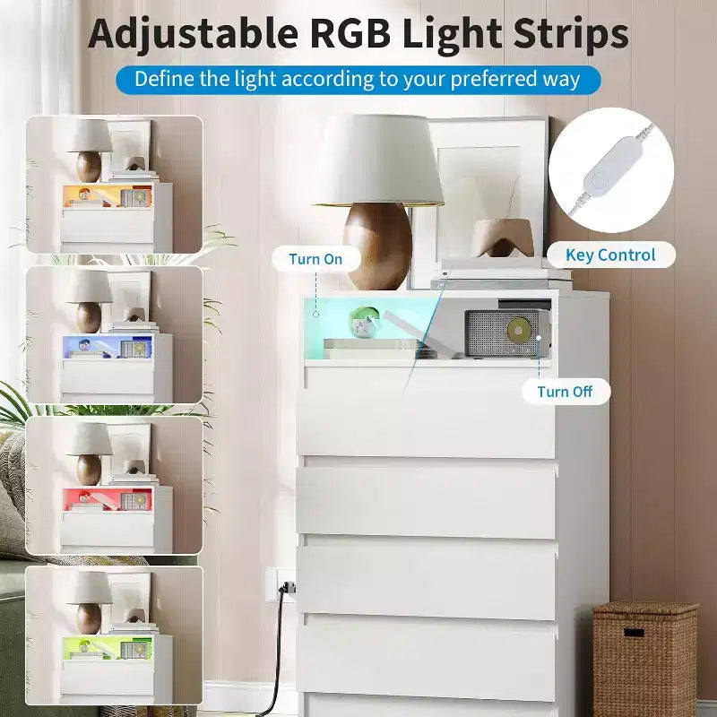 Cassettiera moderna a 4 cassetti con illuminazione ambientale, mobile contenitore multifunzionale con accesso all'alimentazione, 2 pezzi con spedizione in 2 colli