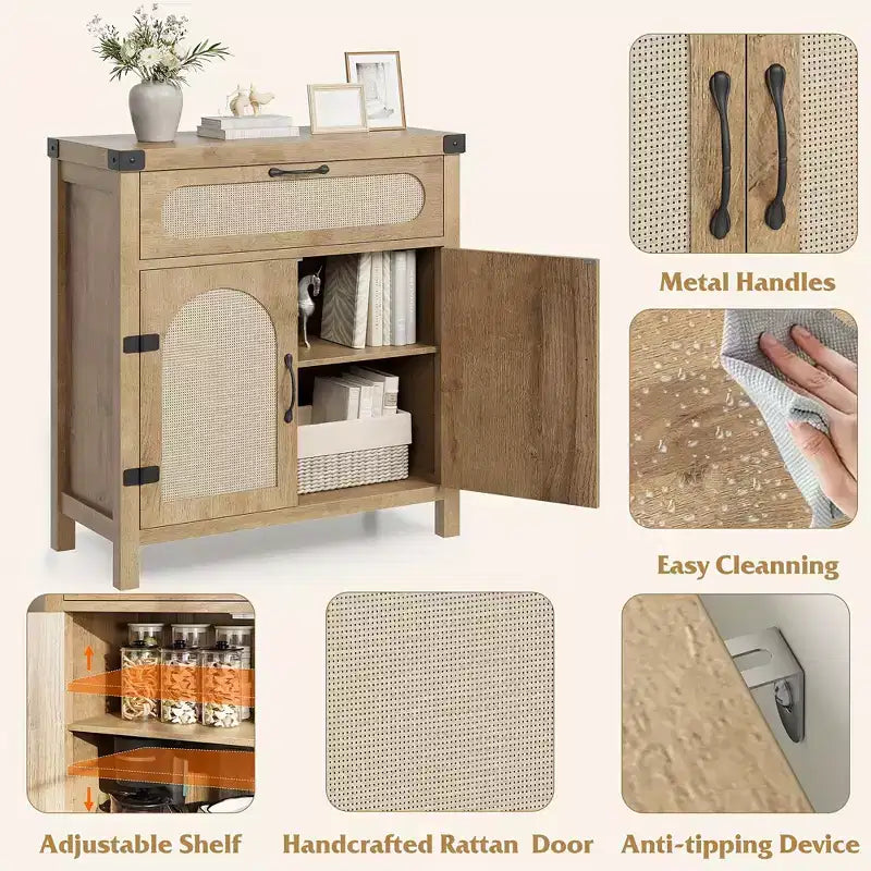 Mobile buffet piccolo in rattan da 29,9'' con contenitore, mobiletto da bar/caffè da cucina con ante e cassetto, credenza con ripiani regolabili e maniglia