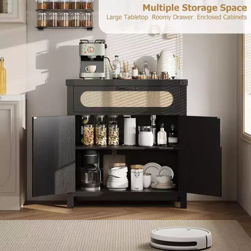 Mobile buffet piccolo in rattan da 29,9'' con contenitore, mobiletto da bar/caffè da cucina con ante e cassetto, credenza con ripiani regolabili e maniglia