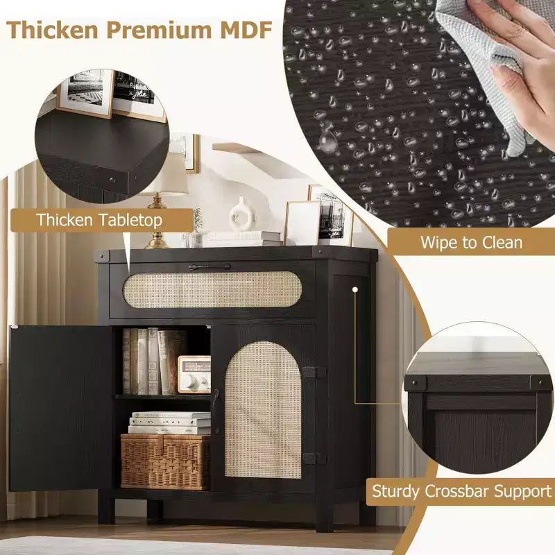 Mobile buffet piccolo in rattan da 29,9'' con contenitore, mobiletto da bar/caffè da cucina con ante e cassetto, credenza con ripiani regolabili e maniglia