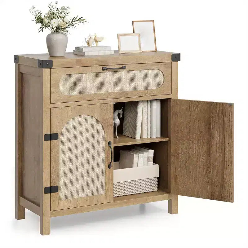 Mobile buffet piccolo in rattan da 29,9'' con contenitore, mobiletto da bar/caffè da cucina con ante e cassetto, credenza con ripiani regolabili e maniglia