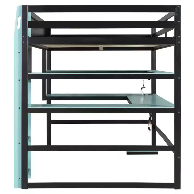 Moderno Letto a Soppalco da Gaming Completo con Scrivania Illuminata, Libreria Contenitore, Mensole e Prese di Corrente