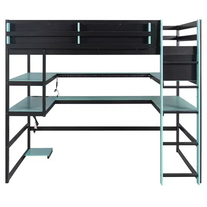 Moderno Letto a Soppalco da Gaming Completo con Scrivania Illuminata, Libreria Contenitore, Mensole e Prese di Corrente