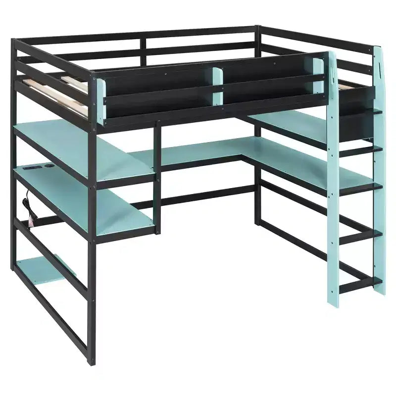 Moderno Letto a Soppalco da Gaming Completo con Scrivania Illuminata, Libreria Contenitore, Mensole e Prese di Corrente