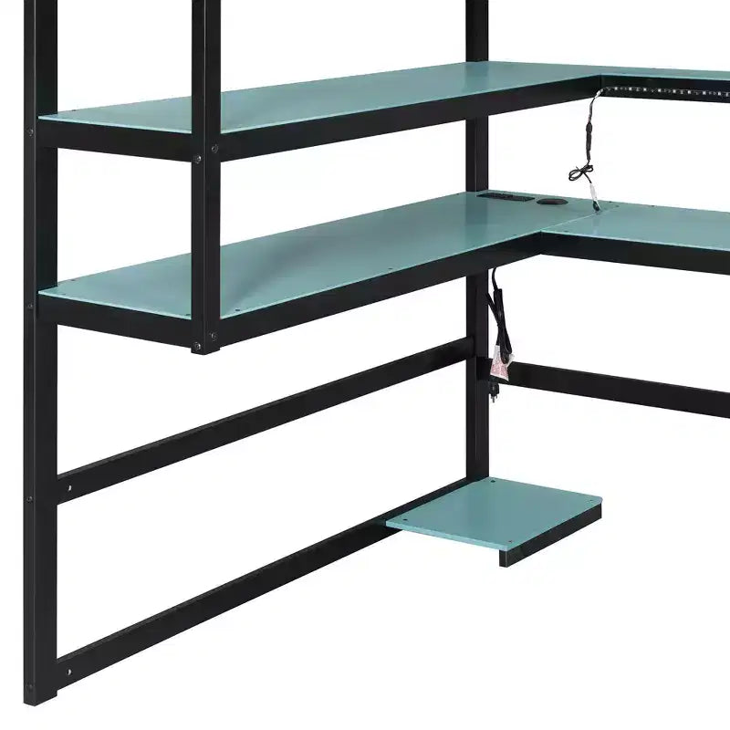 Moderno Letto a Soppalco da Gaming Completo con Scrivania Illuminata, Libreria Contenitore, Mensole e Prese di Corrente