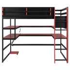 Moderno Letto a Soppalco da Gaming Completo con Scrivania Illuminata, Libreria Contenitore, Mensole e Prese di Corrente
