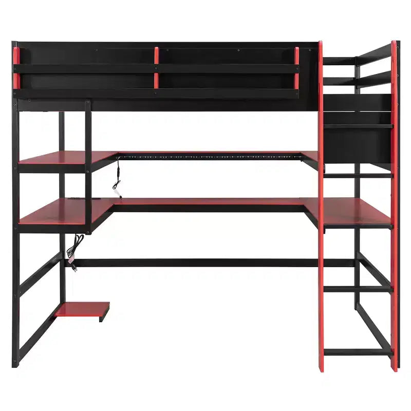 Moderno Letto a Soppalco da Gaming Completo con Scrivania Illuminata, Libreria Contenitore, Mensole e Prese di Corrente