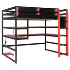 Moderno Letto a Soppalco da Gaming Completo con Scrivania Illuminata, Libreria Contenitore, Mensole e Prese di Corrente