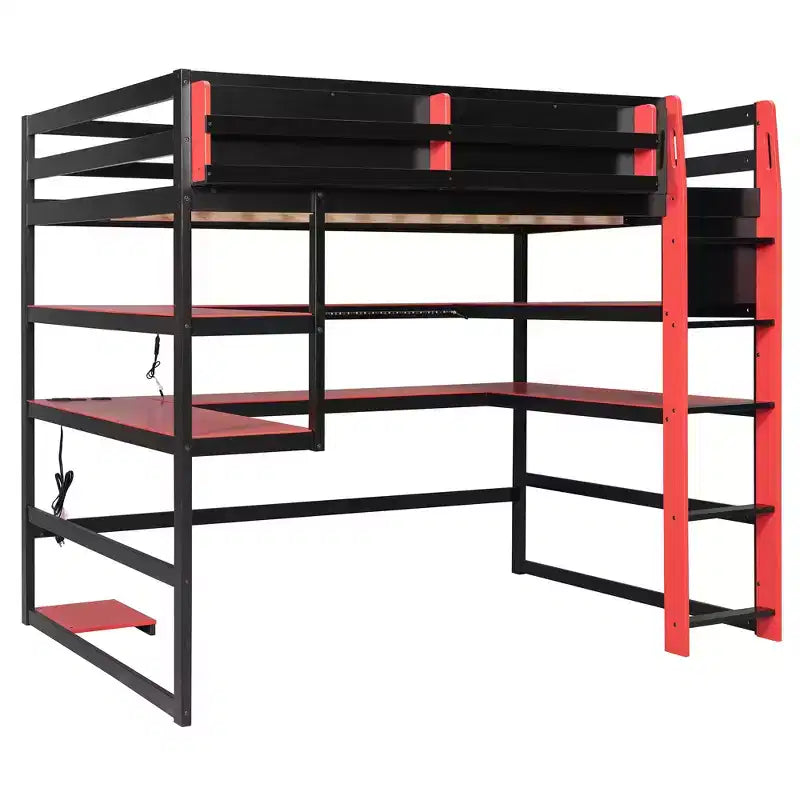 Moderno Letto a Soppalco da Gaming Completo con Scrivania Illuminata, Libreria Contenitore, Mensole e Prese di Corrente