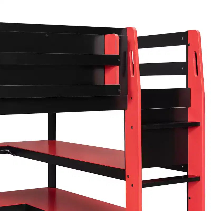 Moderno Letto a Soppalco da Gaming Completo con Scrivania Illuminata, Libreria Contenitore, Mensole e Prese di Corrente
