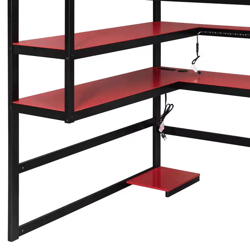Moderno Letto a Soppalco da Gaming Completo con Scrivania Illuminata, Libreria Contenitore, Mensole e Prese di Corrente