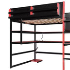 Moderno Letto a Soppalco da Gaming Completo con Scrivania Illuminata, Libreria Contenitore, Mensole e Prese di Corrente
