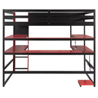 Moderno Letto a Soppalco da Gaming Completo con Scrivania Illuminata, Libreria Contenitore, Mensole e Prese di Corrente