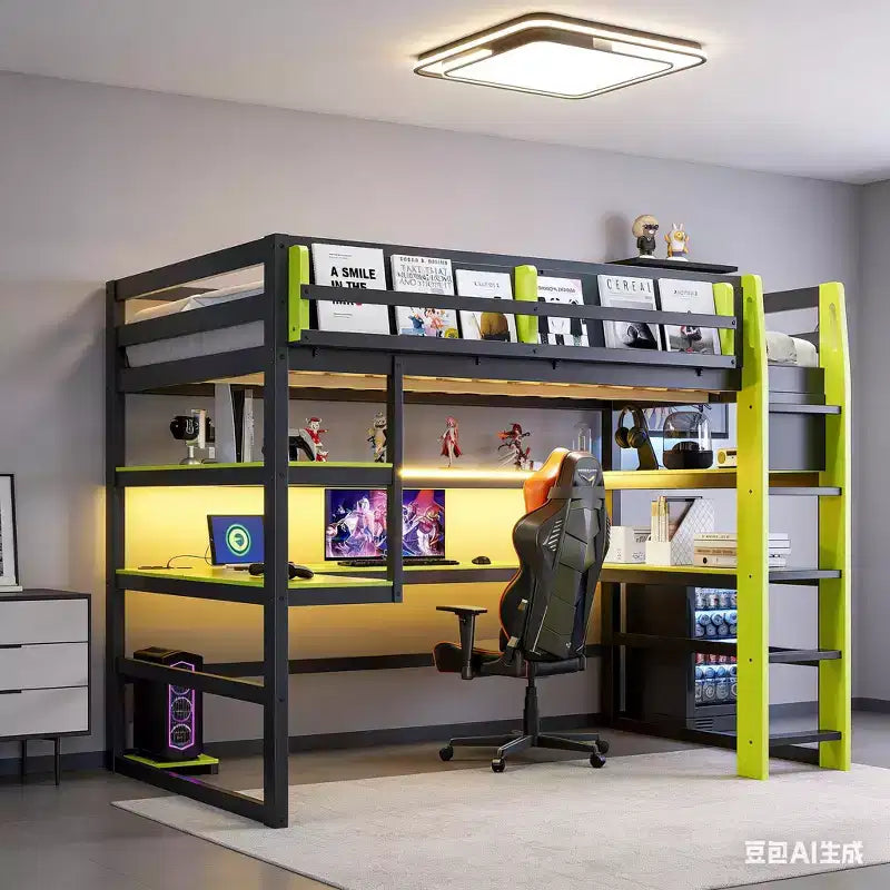 Moderno Letto a Soppalco da Gaming Completo con Scrivania Illuminata, Libreria Contenitore, Mensole e Prese di Corrente